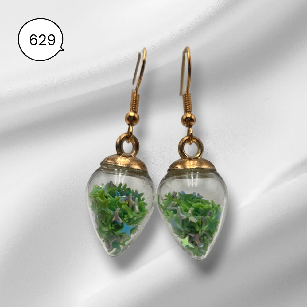 Glass Teardrop Star Earrings – Green Iridescent Confetti Dangle Earrings